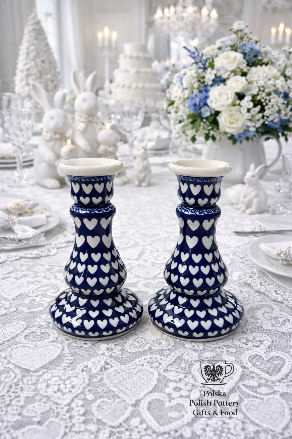 Polish Pottery Traditional Hearts Candlesticks
