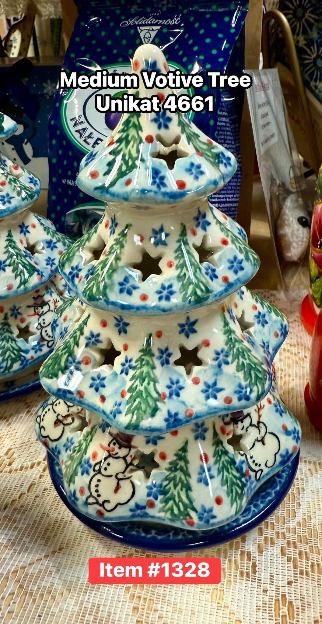 Polish Pottery Unikat Medium Unikat 4661 Snowman Votive Tree