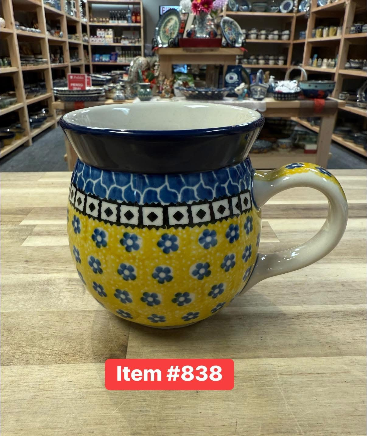 Polish Pottery Traditional Yellow/Blue 16oz Bubble Mug