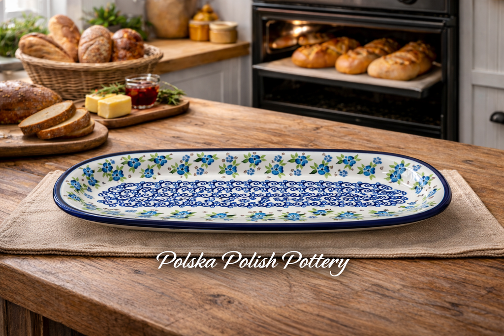 Polish Pottery Traditional Light Blue Flwrs Bread Tray