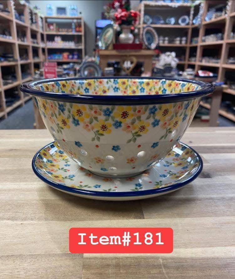 Polish Pottery Traditional Yellow Flower Berry Bowl/Colander