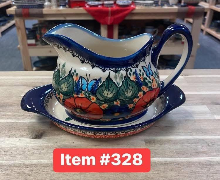 Polish Pottery CerRaf Unikat Gravy Boat( Blue Butterfly)