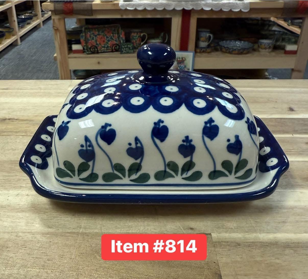 Polish Pottery Traditional Drop Hearts Pattern Butter Dish
