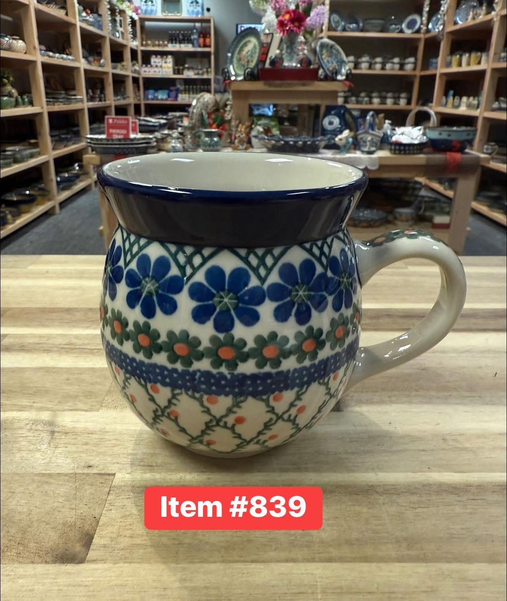 Polish Pottery Traditional 16oz Bubble Mug CrissCross Blue Flwrs