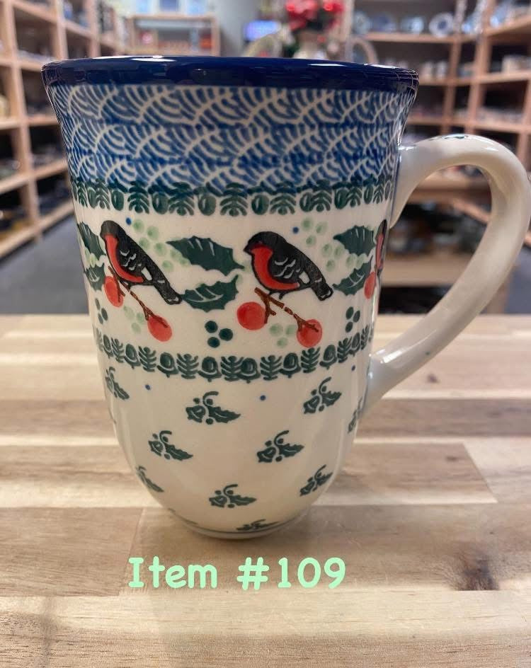 Polish Pottery Traditional Red Bird/Holly Tall Mug