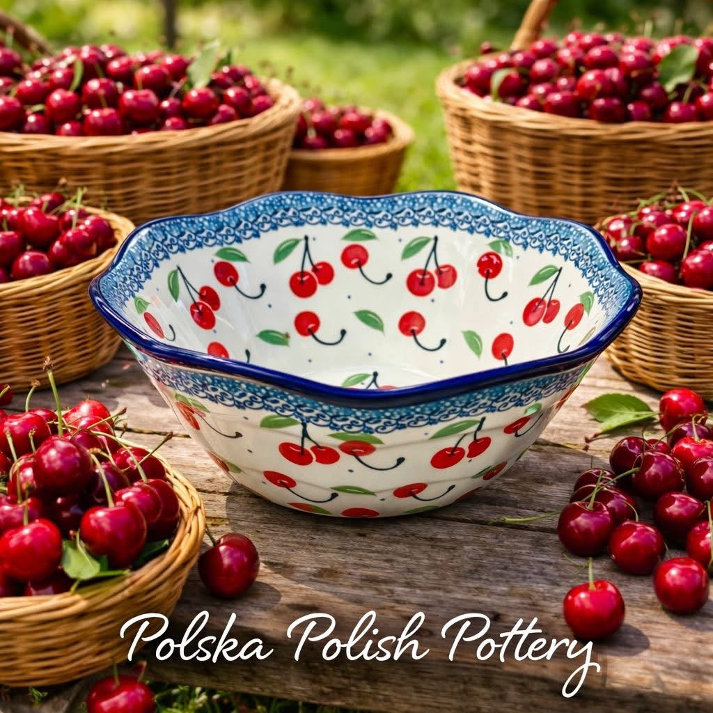 Polish Pottery Traditional(Cherries) Small Scalloped Bowl