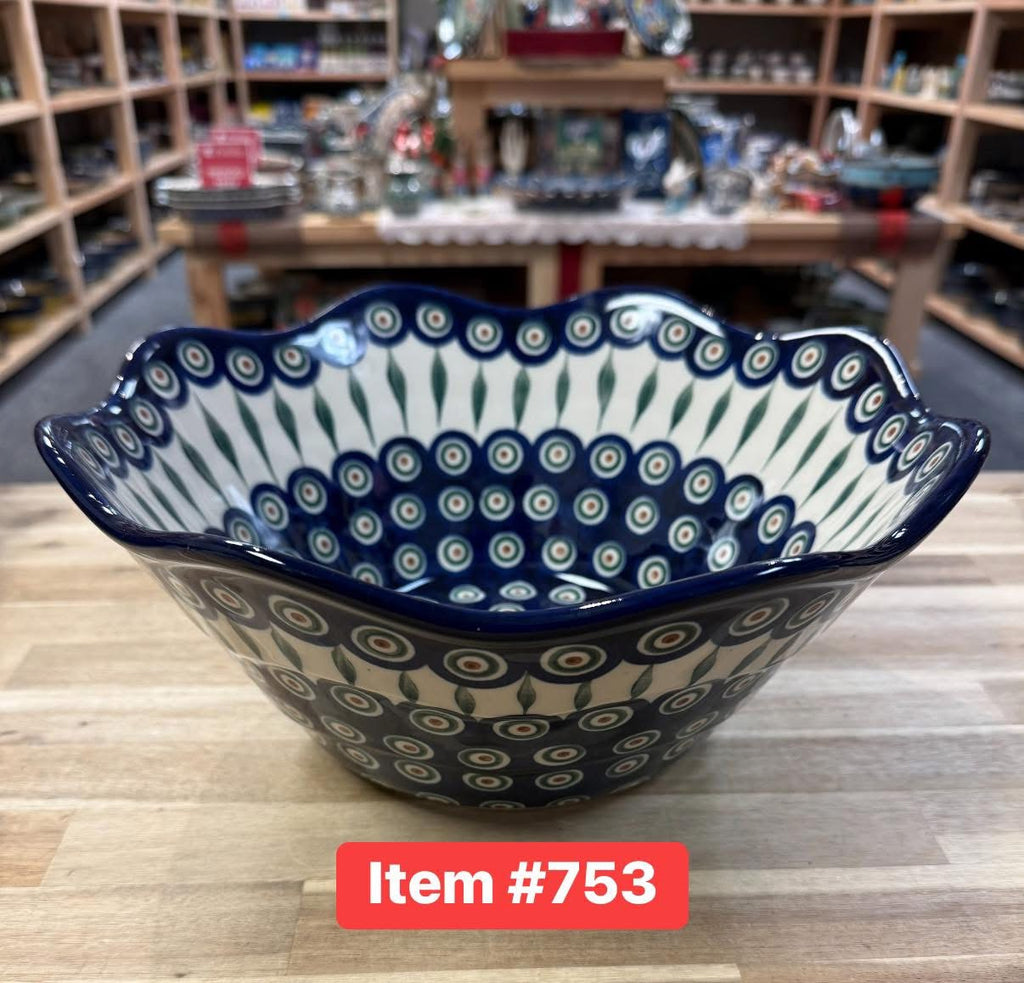 Polish Pottery Traditional Peacock Lg Sculpted Bowl