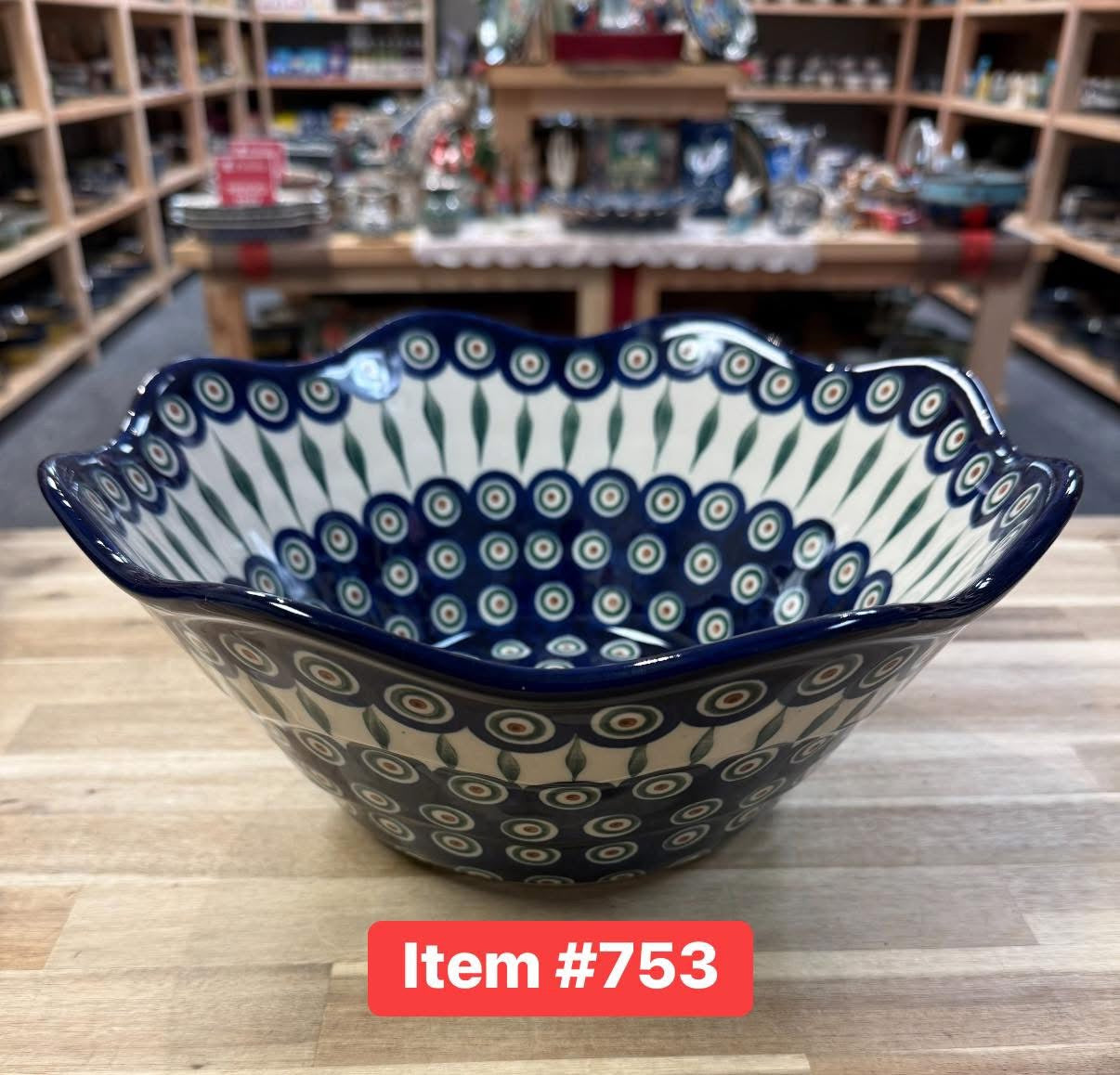 Polish Pottery Traditional Peacock Lg Sculpted Bowl