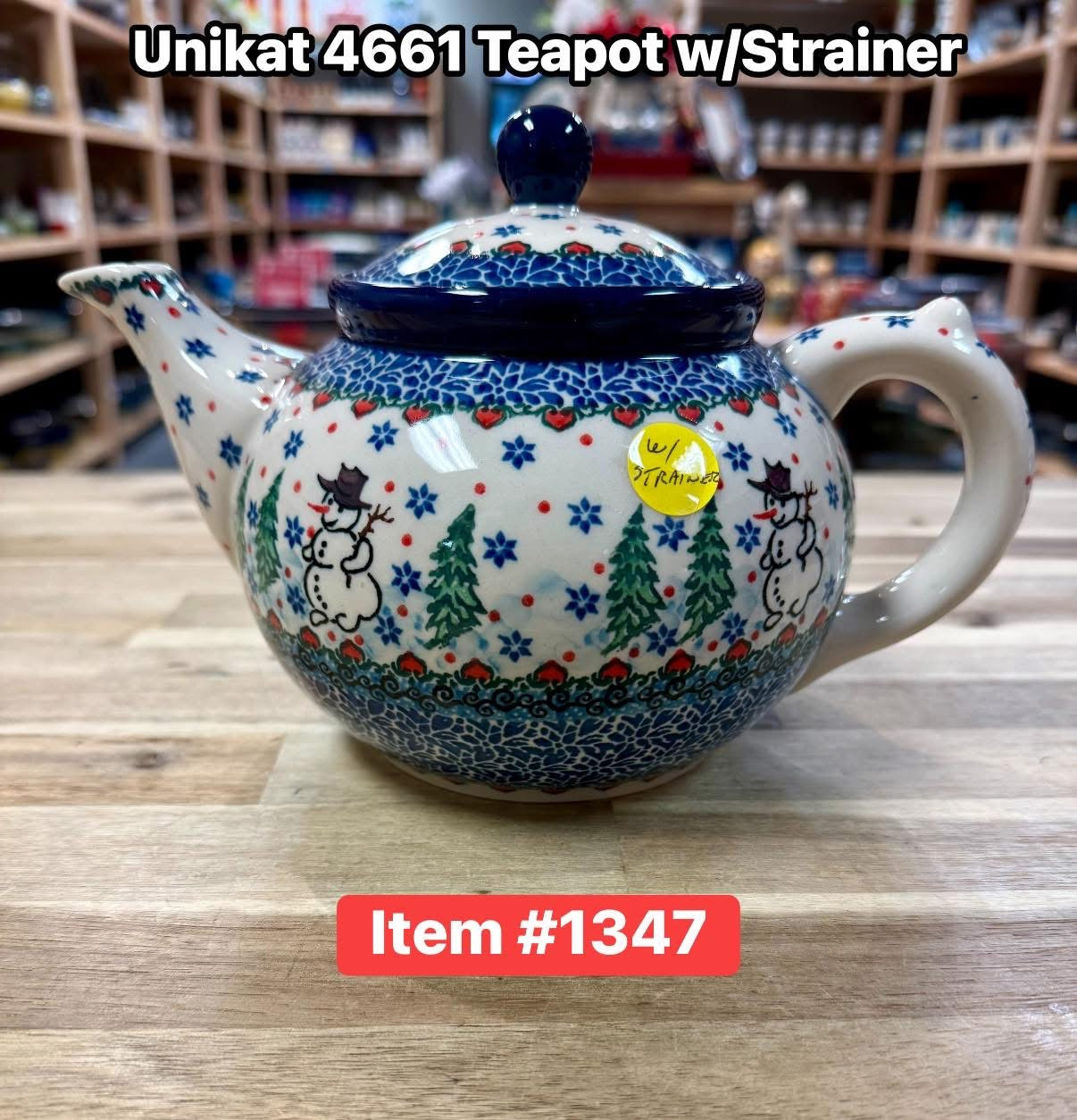 Polish Pottery Unikat 4661 Snowman Teapot w/ Strainer