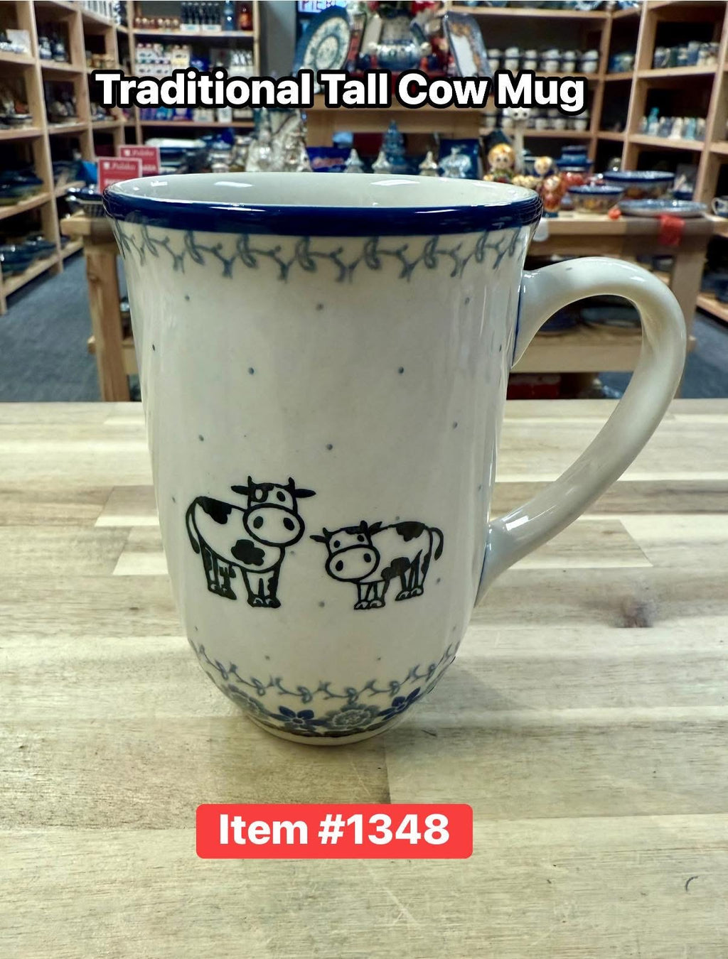 Polish Pottery Traditional Cow Pattern Tall Mug