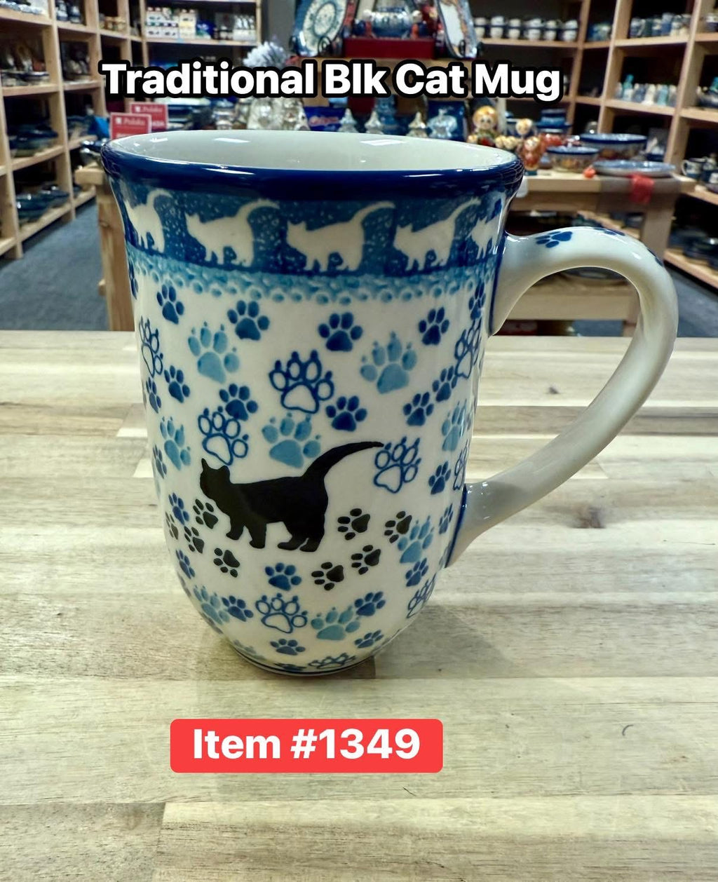 Polish Pottery Traditional Blk Cat Tall Mug