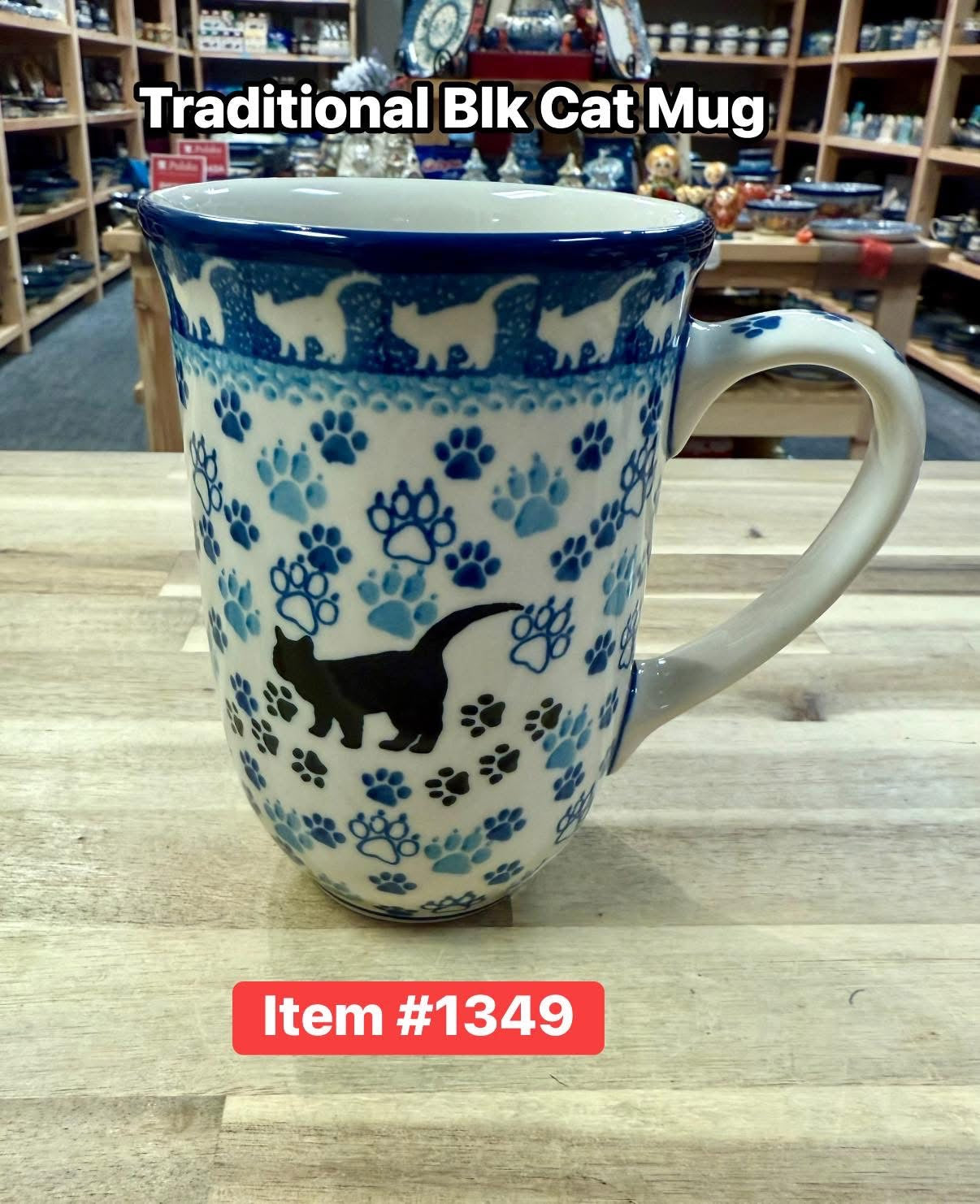 Polish Pottery Traditional Blk Cat Tall Mug