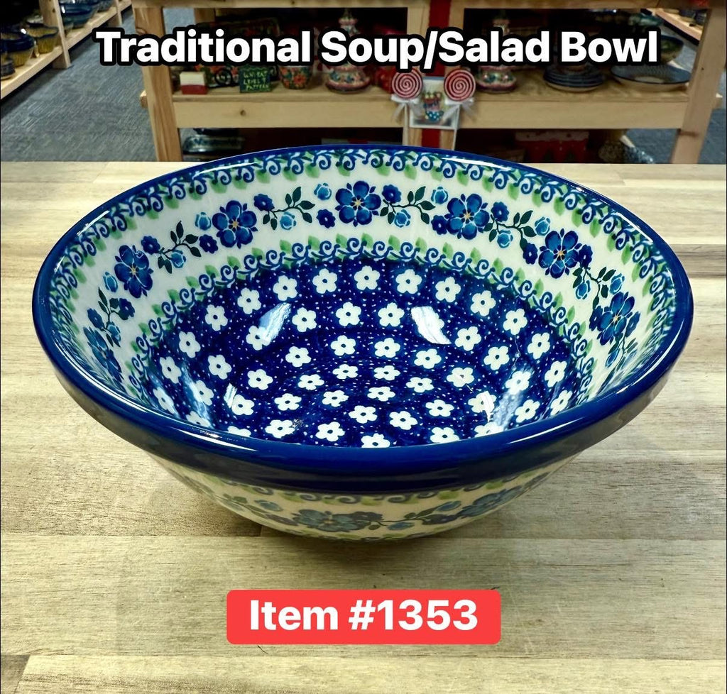 Polish Pottery Traditional Blue Flwr Vine Soup/Salad Bowl