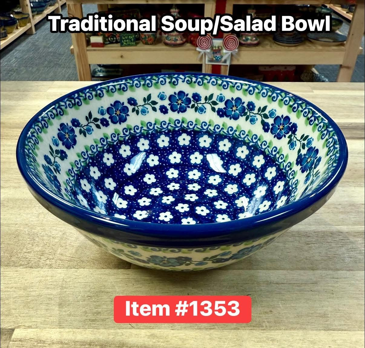 Polish Pottery Traditional Blue Flwr Vine Soup/Salad Bowl