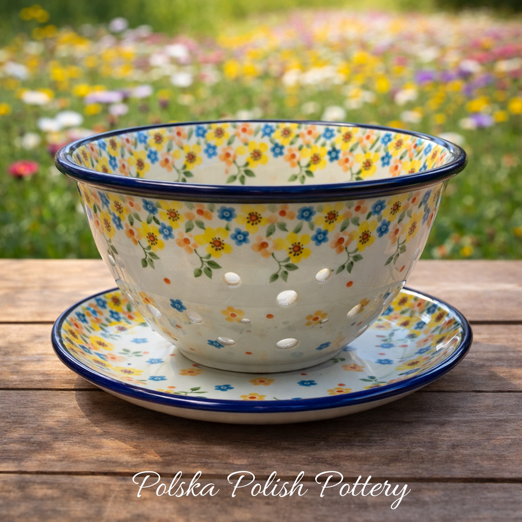 Polish Pottery Traditional Yellow Flower Berry Bowl/Colander