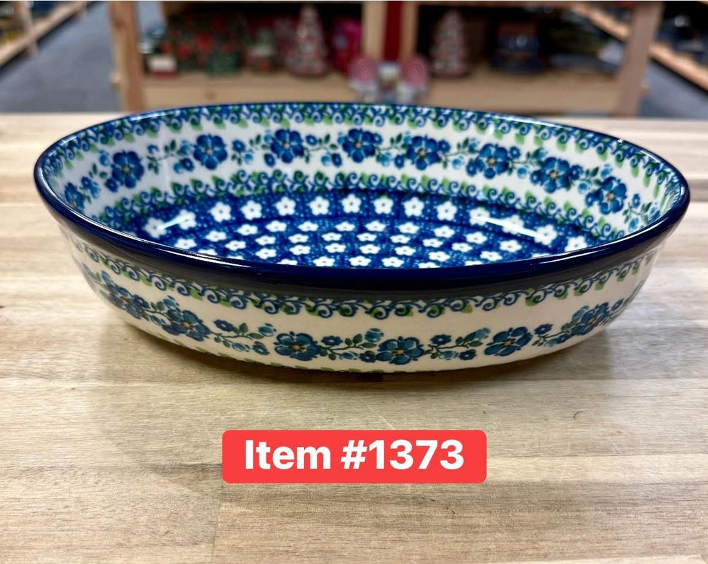 Polish Pottery Traditional Blue Vine Flwr Oval Baker