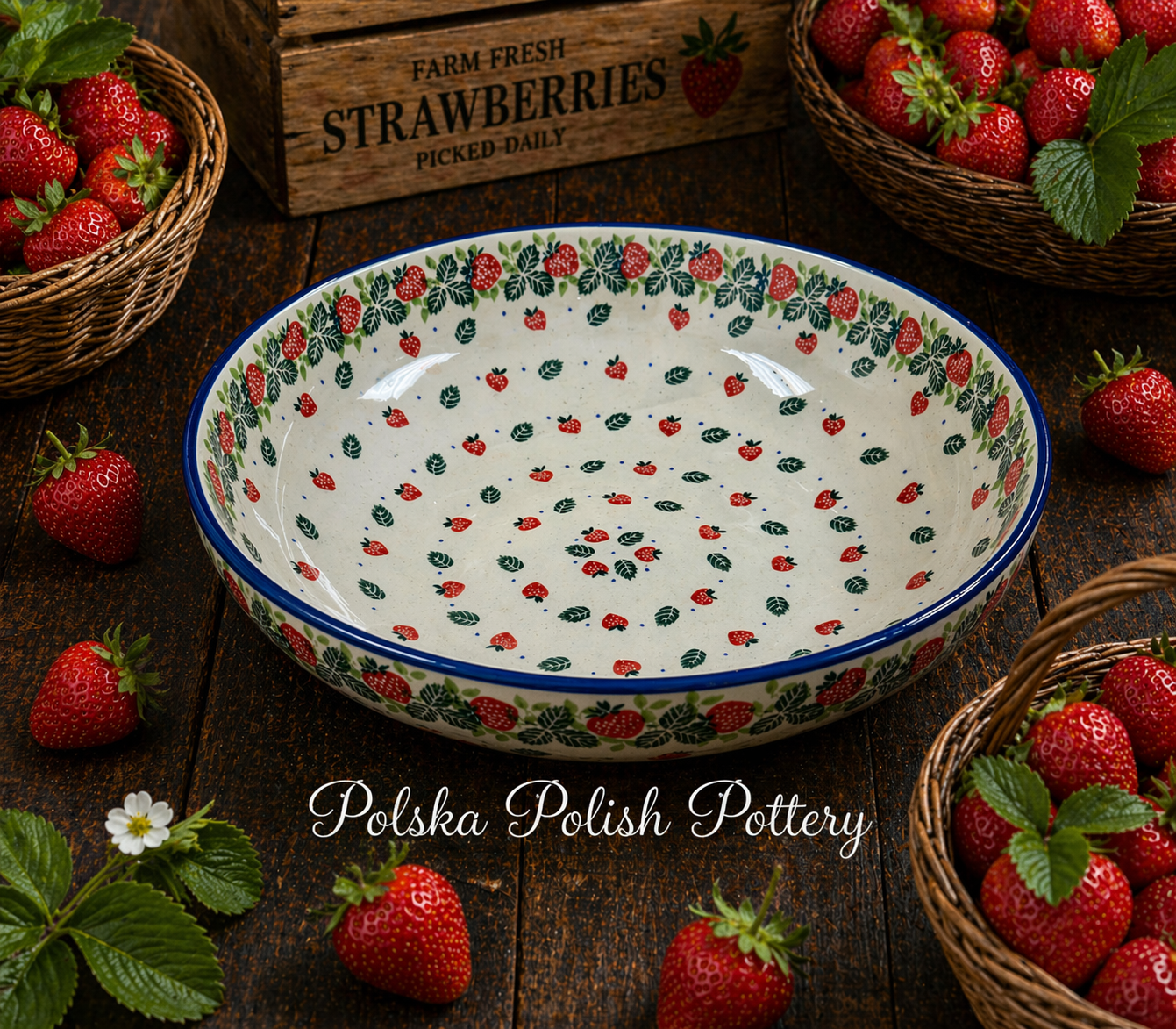 Polish Pottery Trad. Strawberry Low Bowl