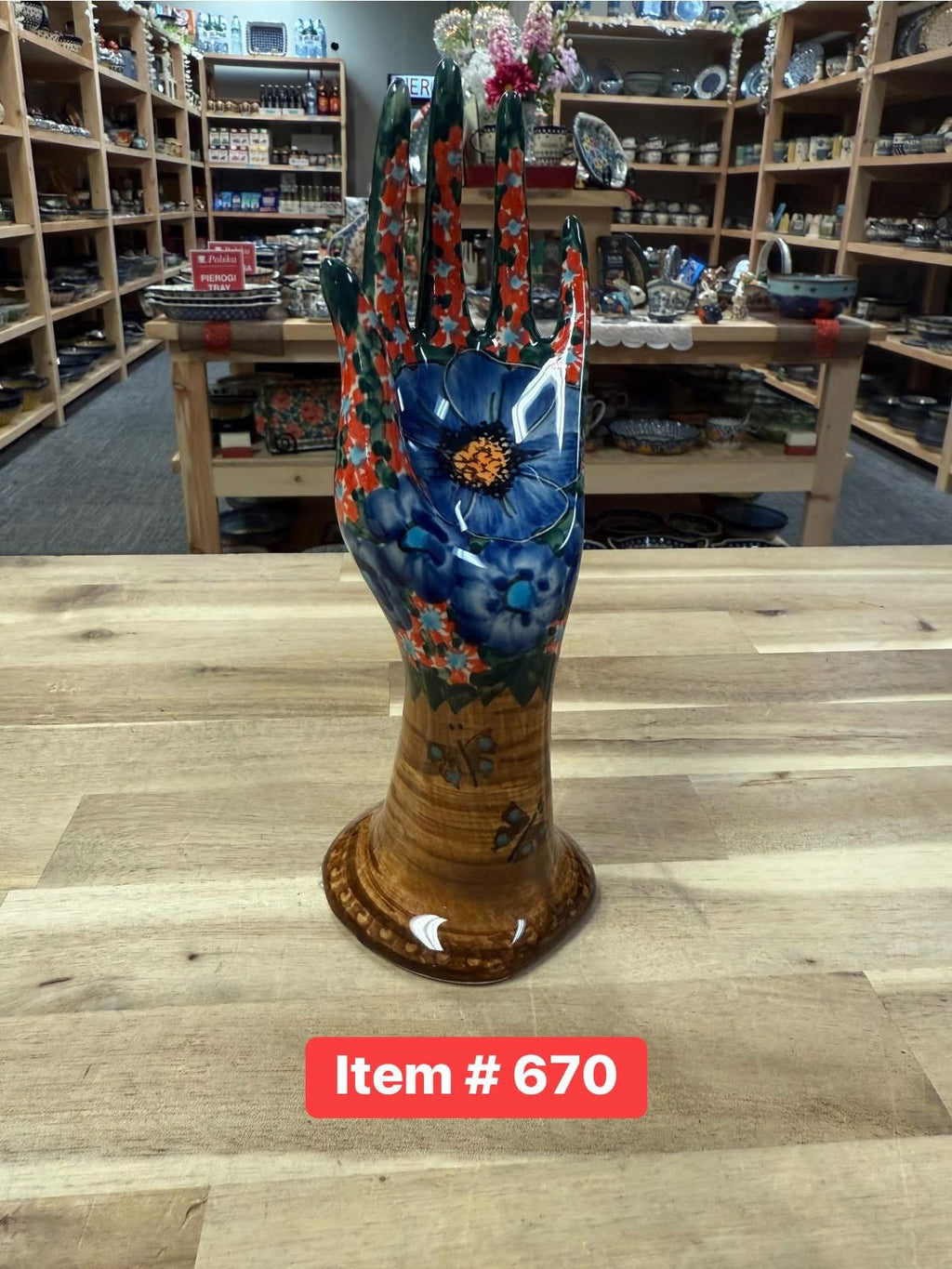 Polish Pottery CerRaf Hand Brown/Blue Poppies Jewelry Holder