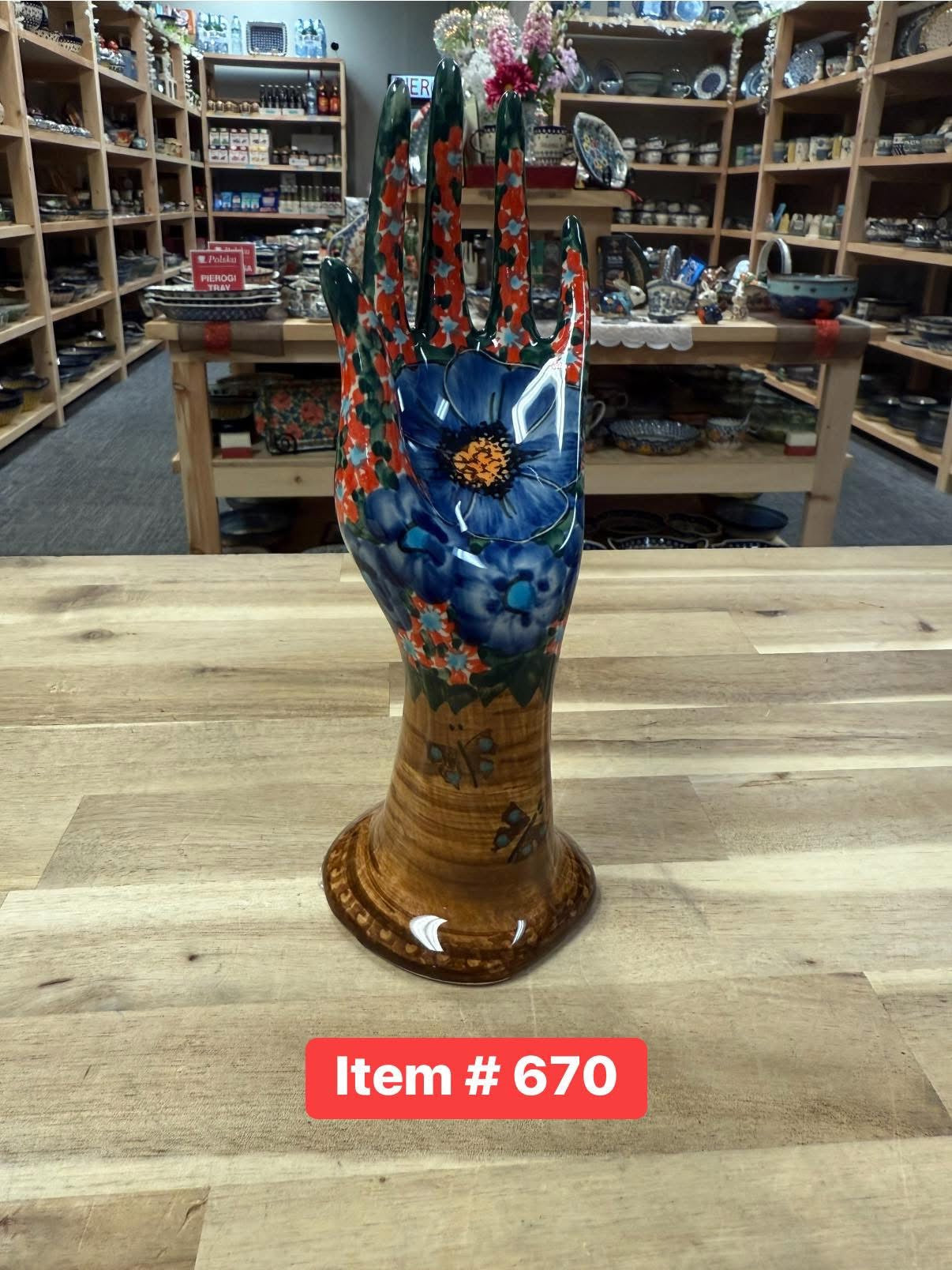 Polish Pottery CerRaf Hand Brown/Blue Poppies Jewelry Holder