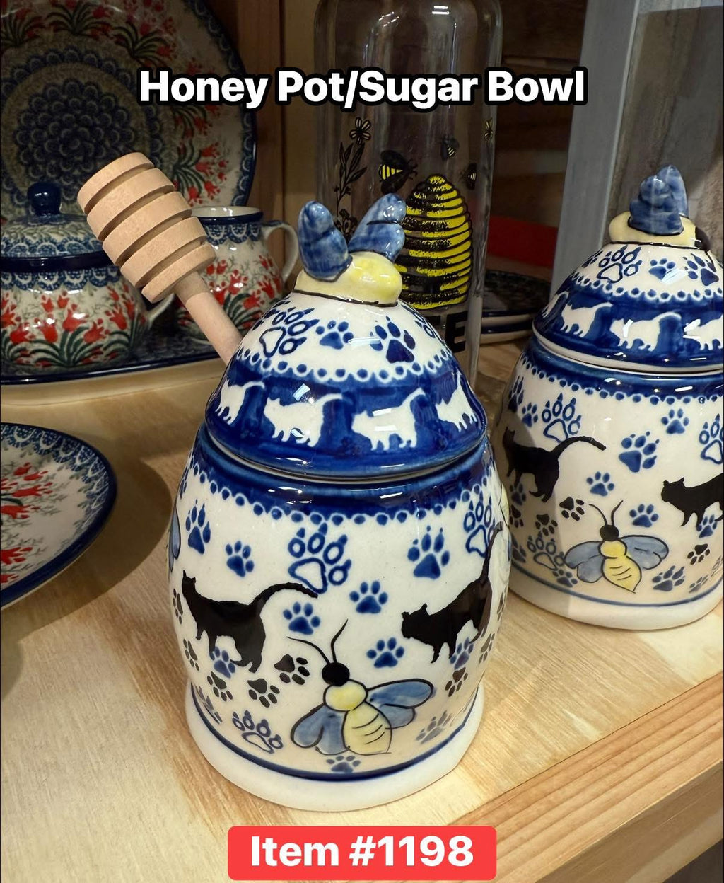 Polish Pottery Cat Honey Pot