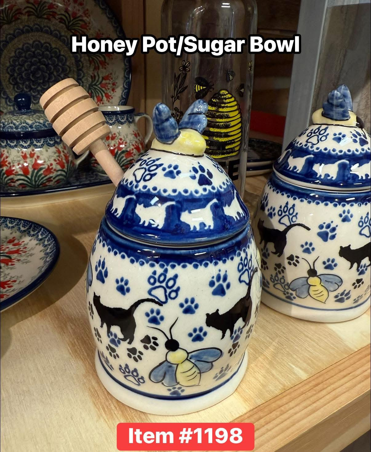 Polish Pottery Cat Honey Pot