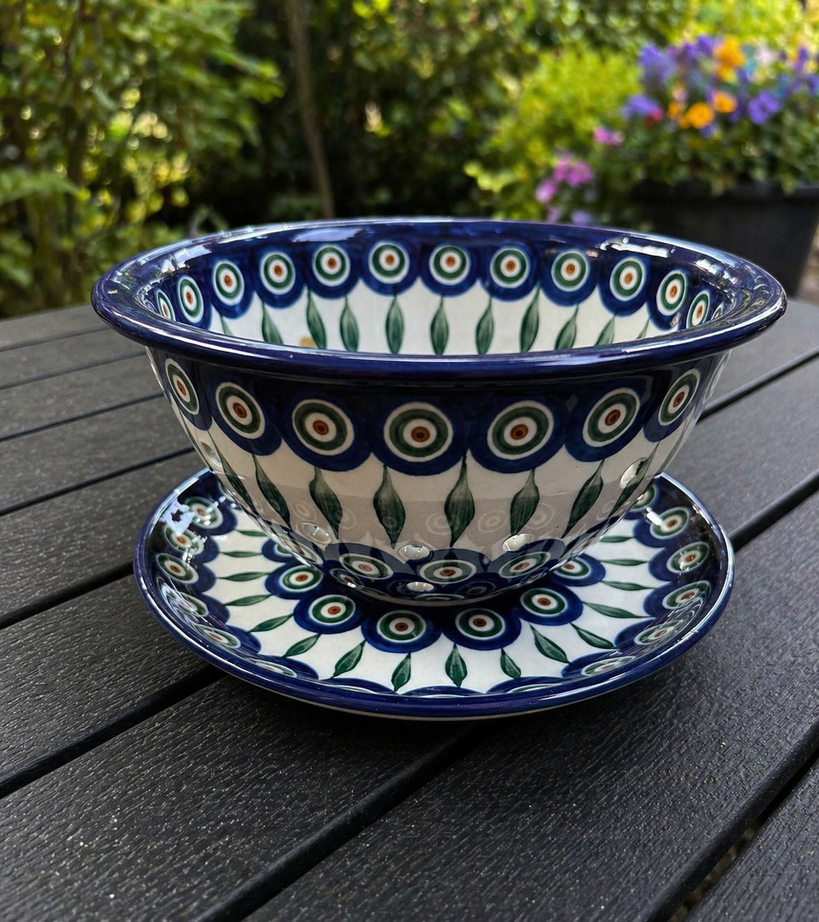 Polish Pottery Traditional(Peacock) Colander/Berry Bowl