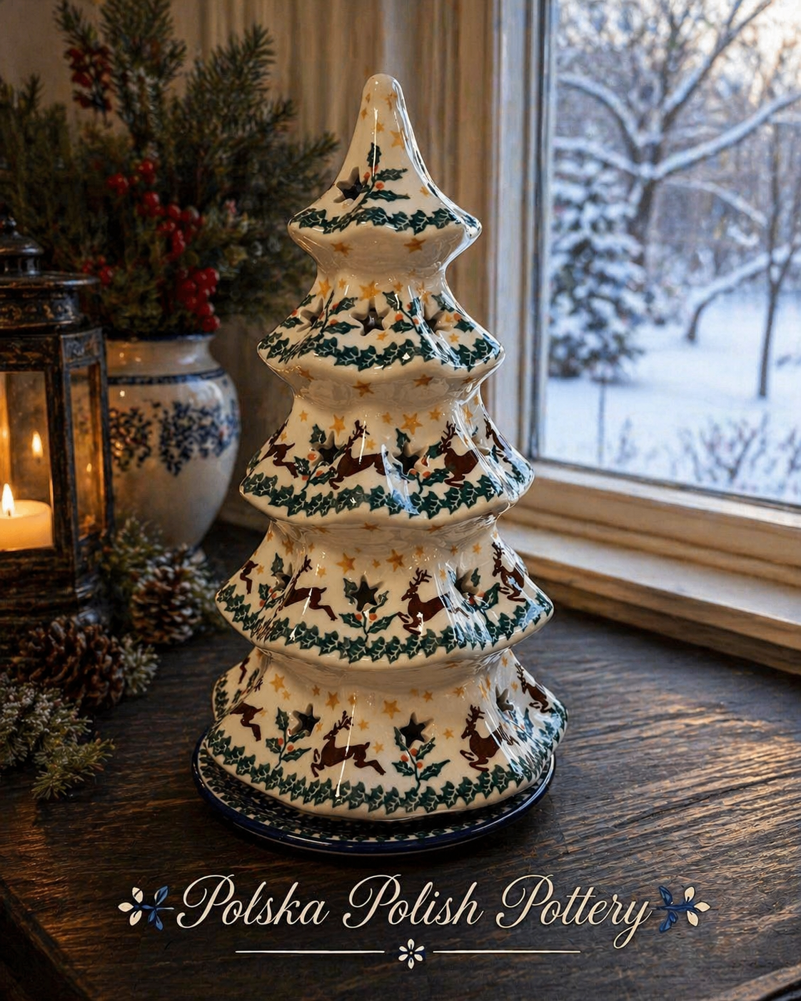 Polish Pottery Tall Traditional(Reindeer) VotiveTree
