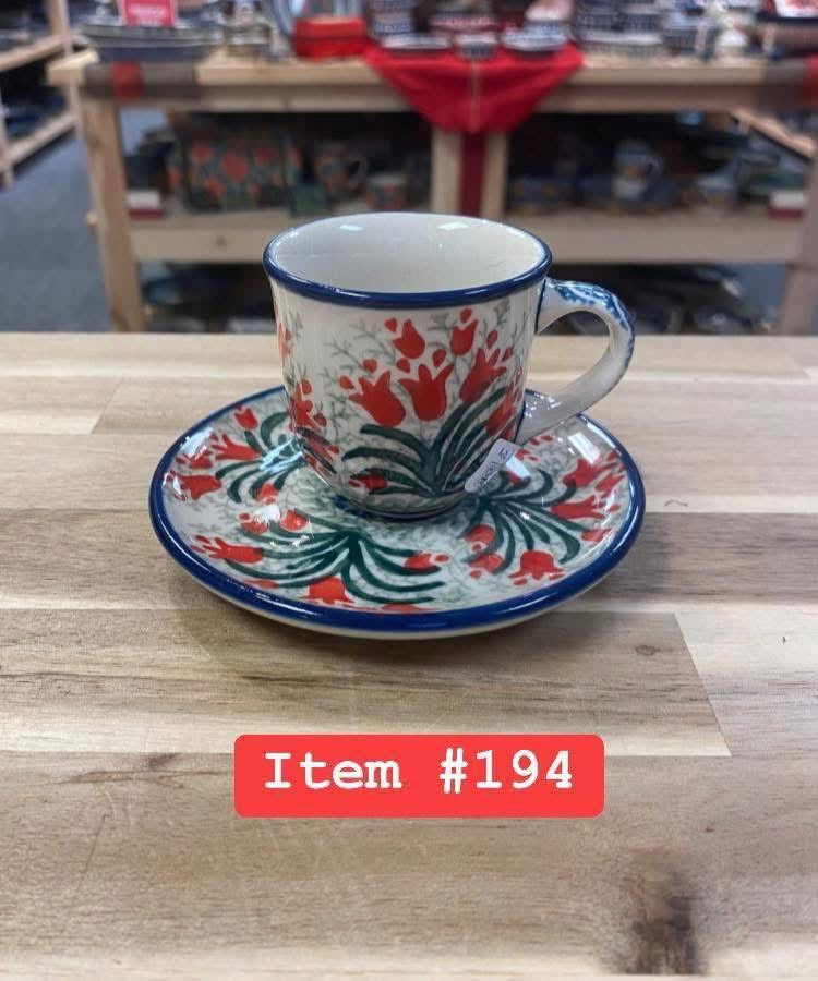 Polish Pottery Trad. Red Tulips Espresso Cup & Saucer