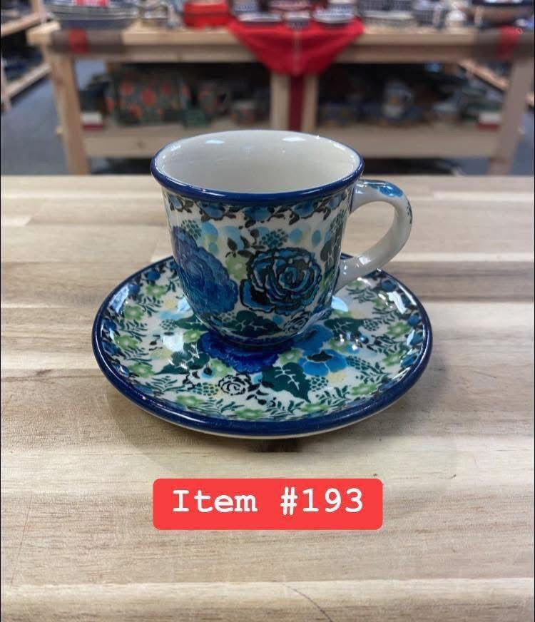 Polish Pottery Unikat 4566(Blue Rose) Espresso Cup & Saucer