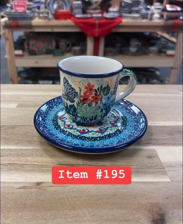 Polish Pottery Unikat 4864(Blue Butteryfly) Espresso Cup & Saucer