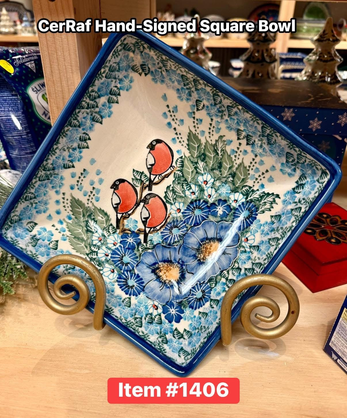 Polish Pottery Unikat Bowl Red Birds Square Bowl