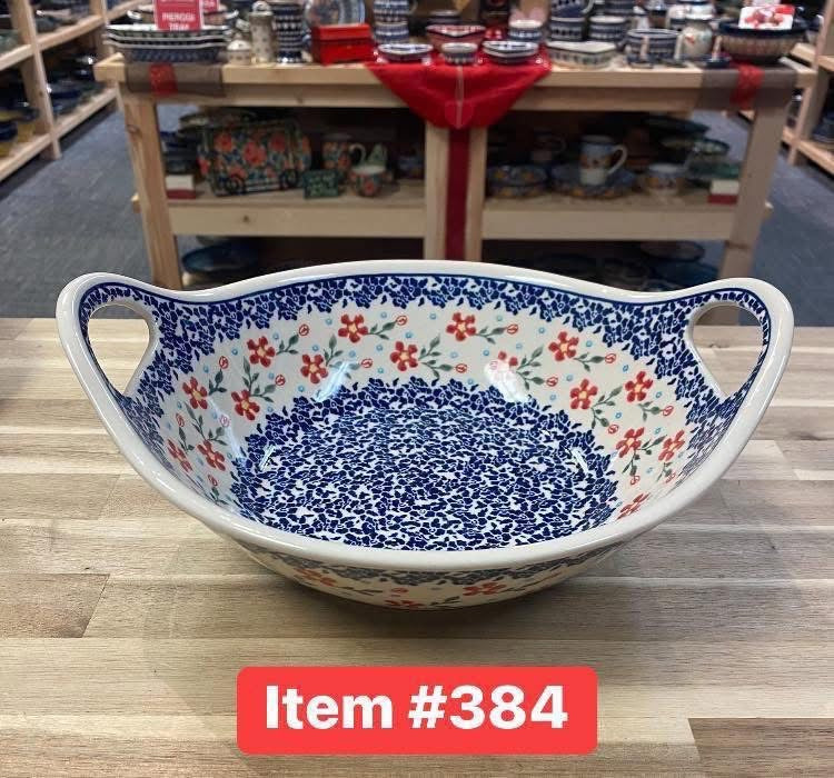 Polish Pottery Red Sprig Handled Bowl