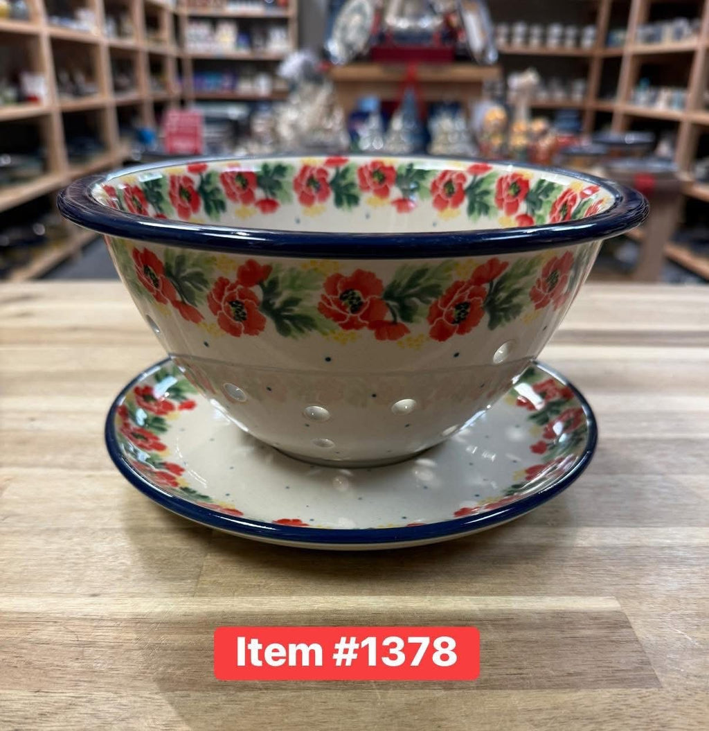 Polish Pottery Red Flwr Colander/Berry Bowl