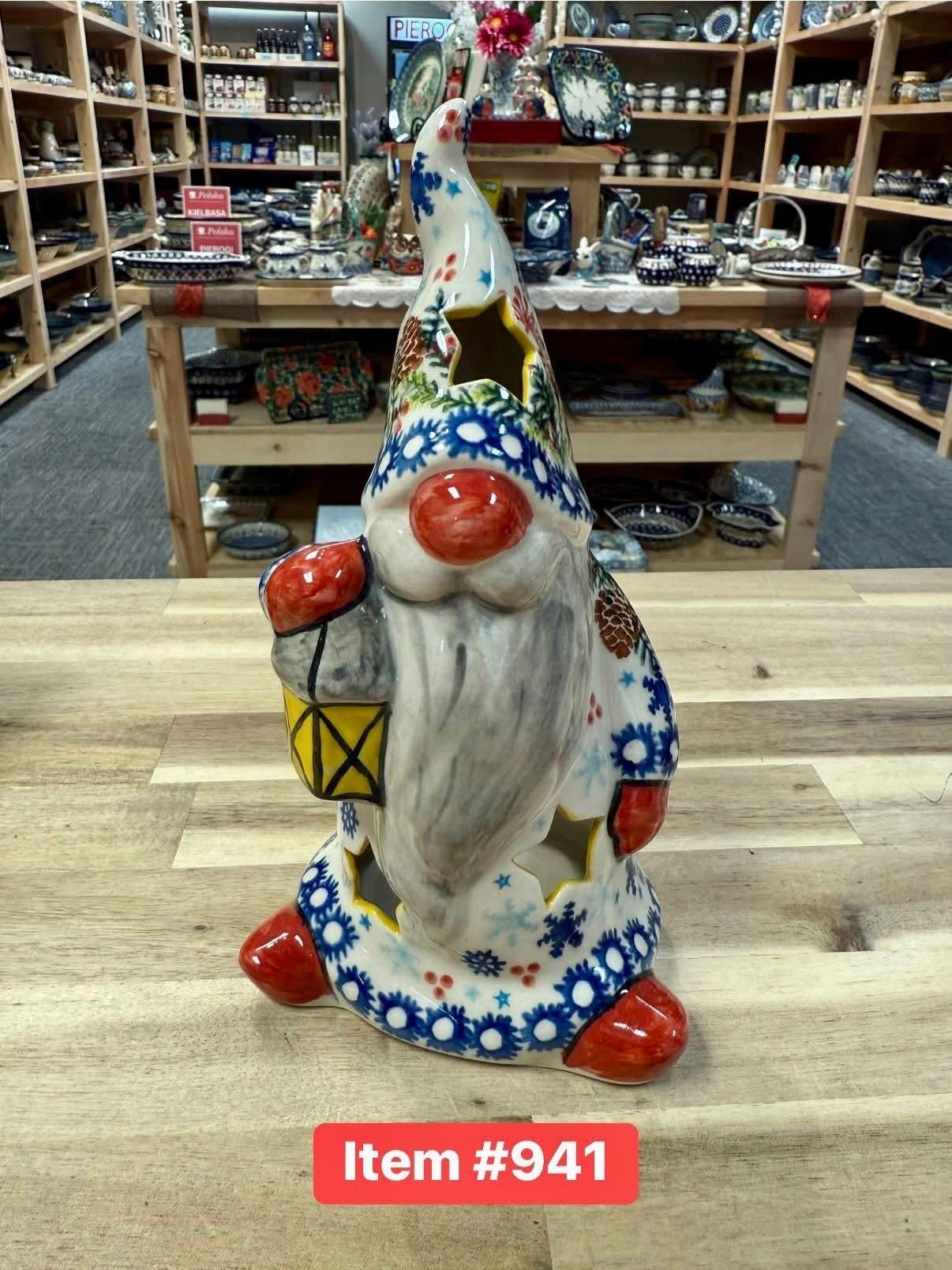 Polish Pottery Votive Gnome w/ Lantern
