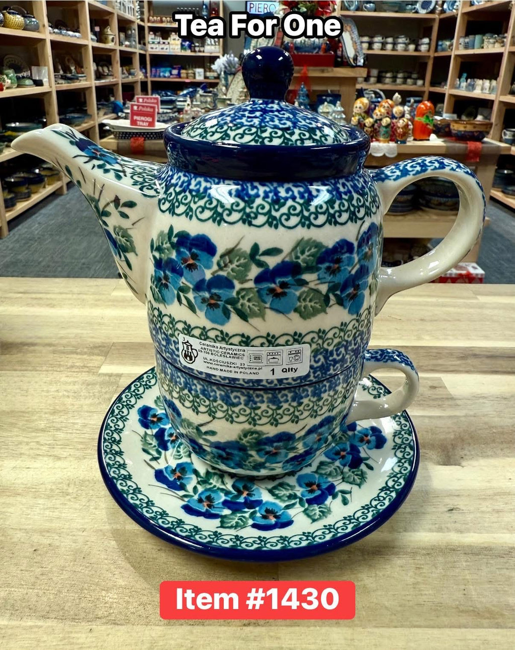 Polish Pottery Trad. Blue Pansy Tea For One Set