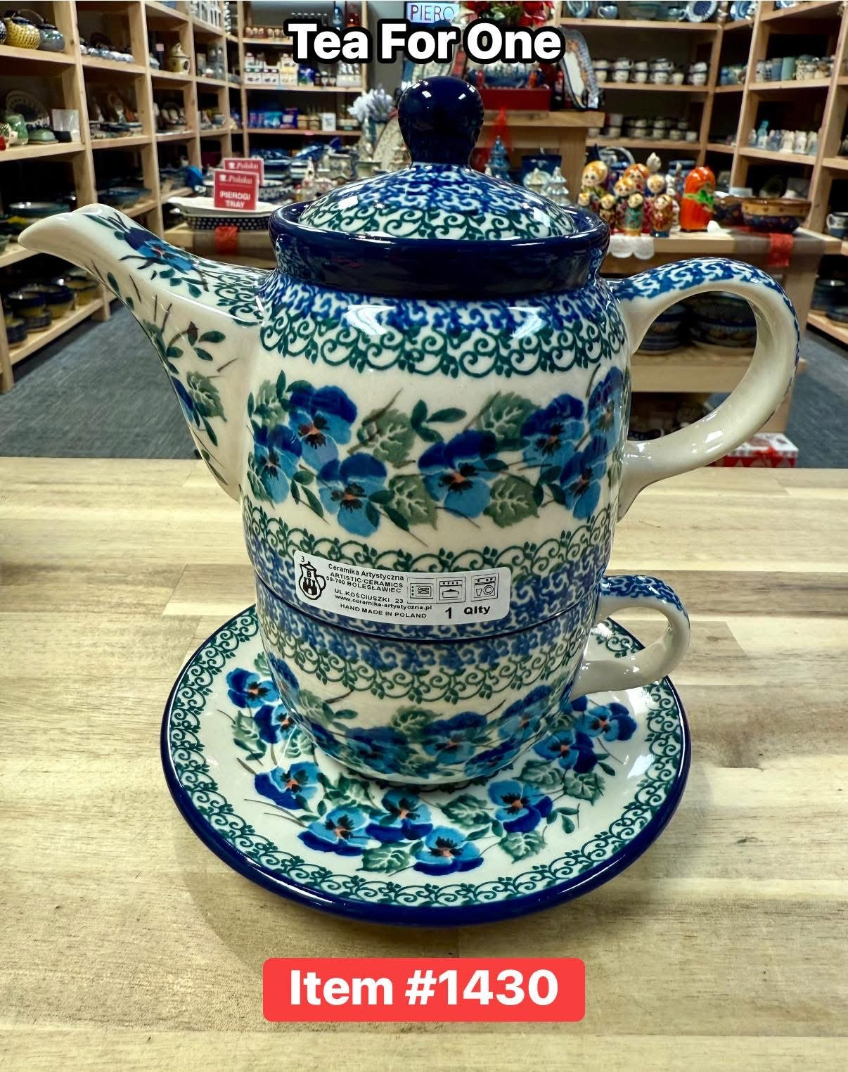 Polish Pottery Trad. Blue Pansy Tea For One Set