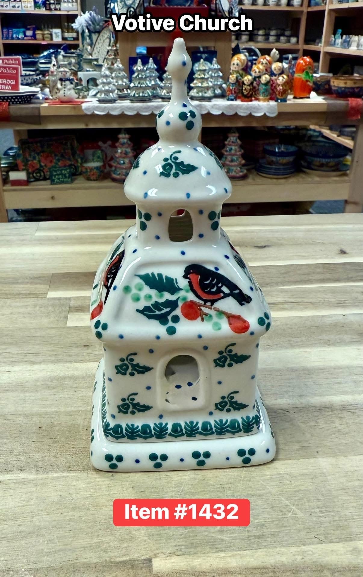 Polish Pottery Red Holly Bird Votive Church