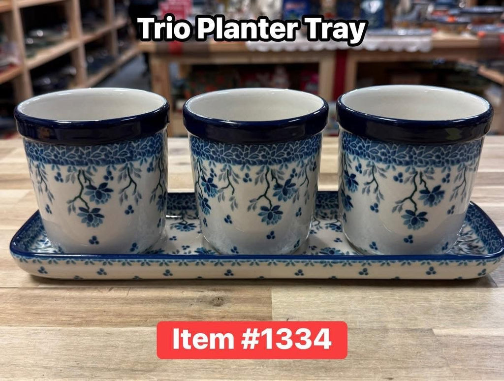 Polish Pottery Blue Sprig Trio Planters/Tray Set
