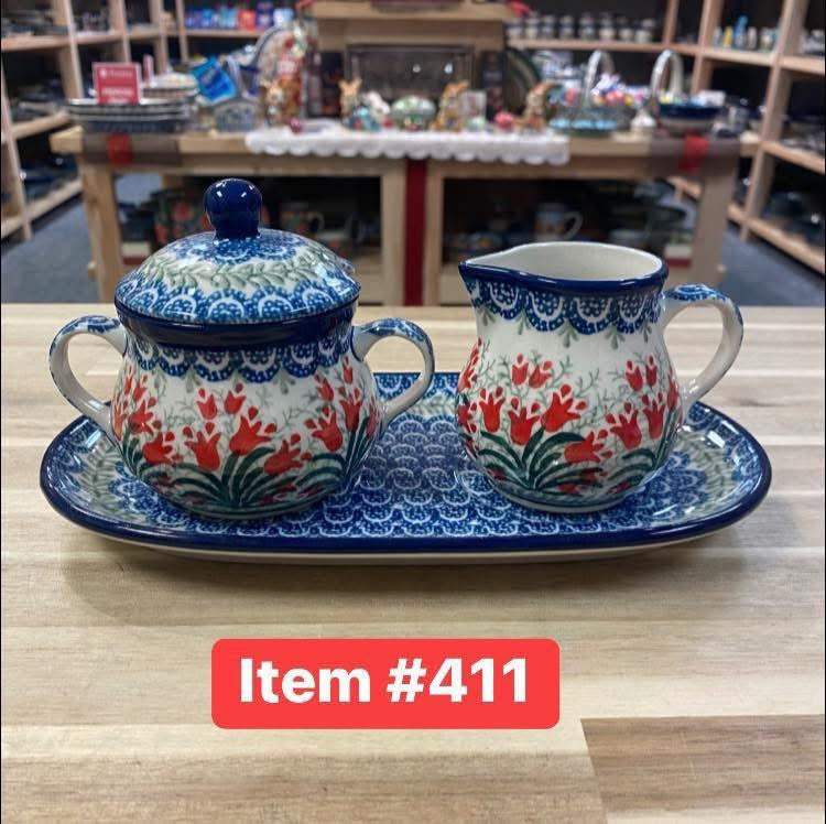Polish Pottery Traditional(Red Tulips) Sugar/ Creamer Set