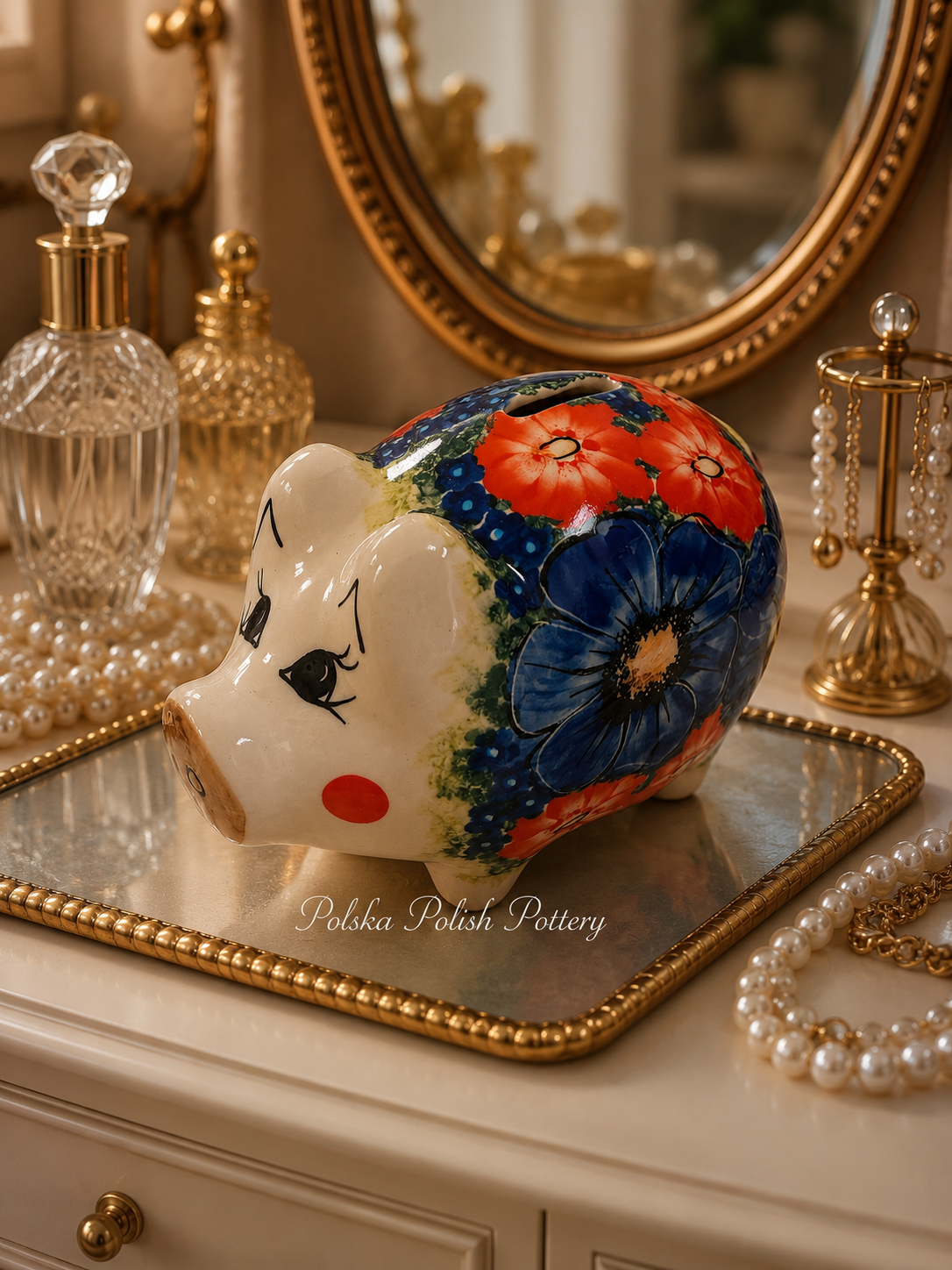 Polish Pottery Piggy Bank - Unikat Blue Poppies