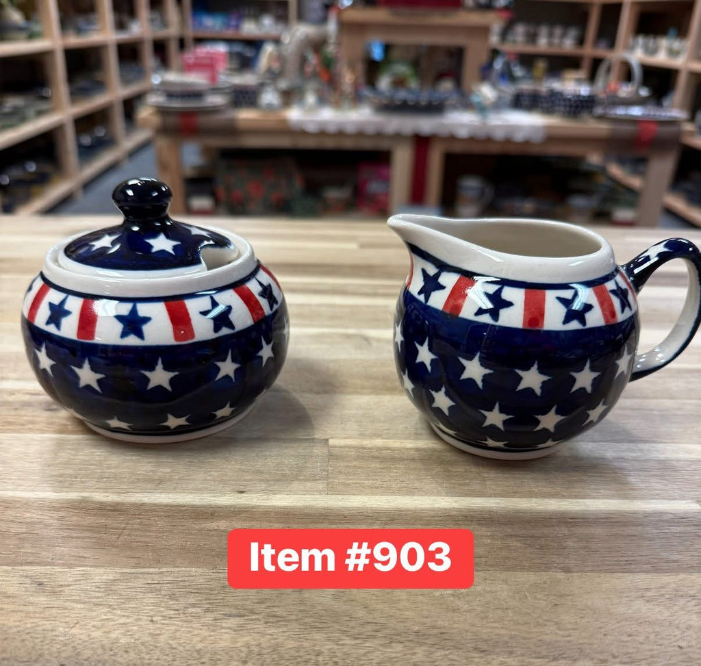 Polish Pottery Stars & Stripes Sugar/Creamer