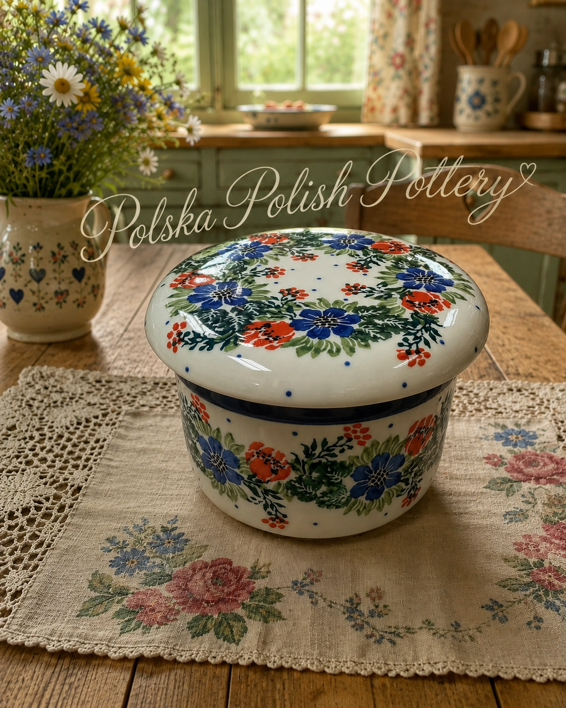 Polish Pottery Traditional(Multi-Flwrs) Butter Crock