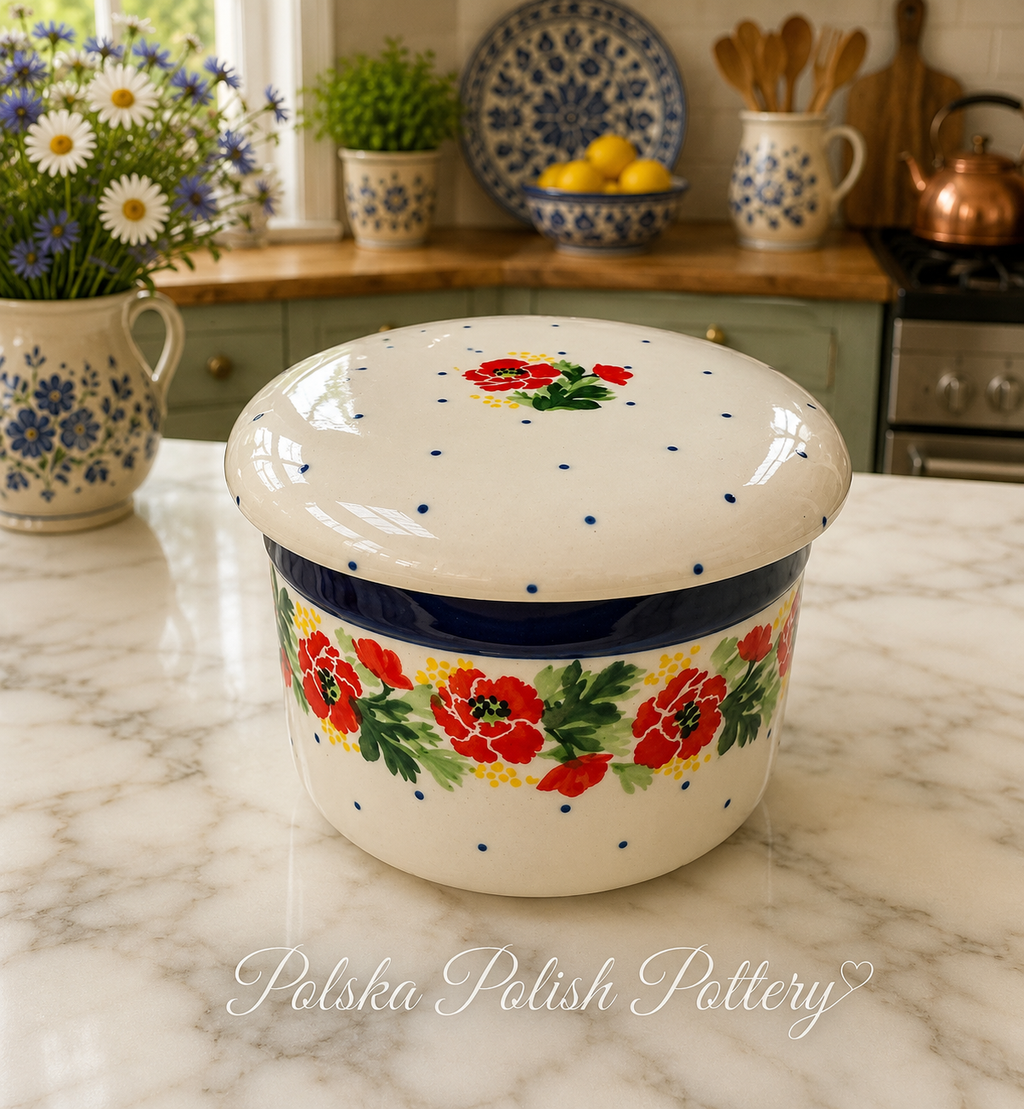Polish Pottery Tradtl. Red Poppy Butter Crock