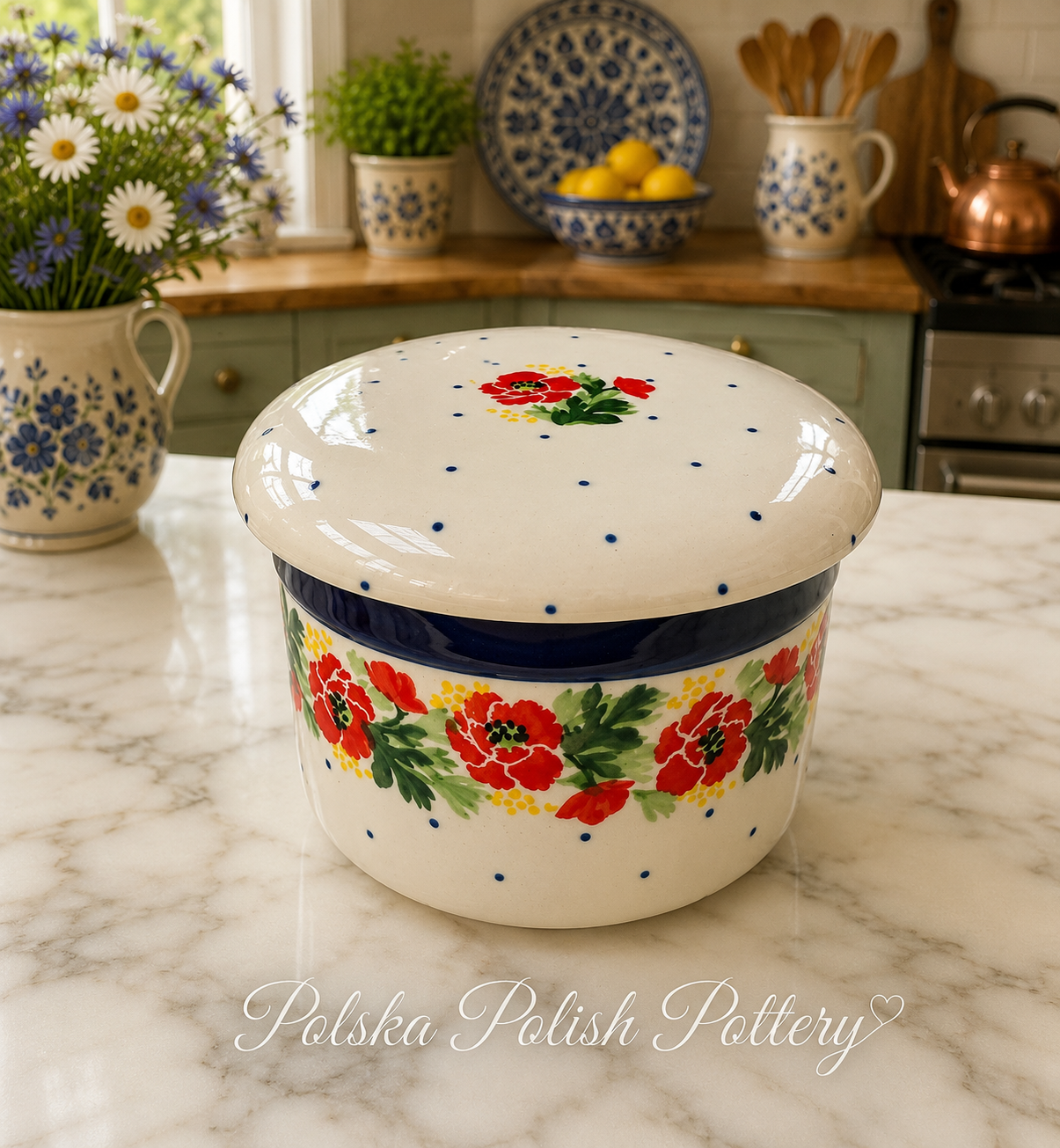 Polish Pottery Tradtl. Red Poppy Butter Crock