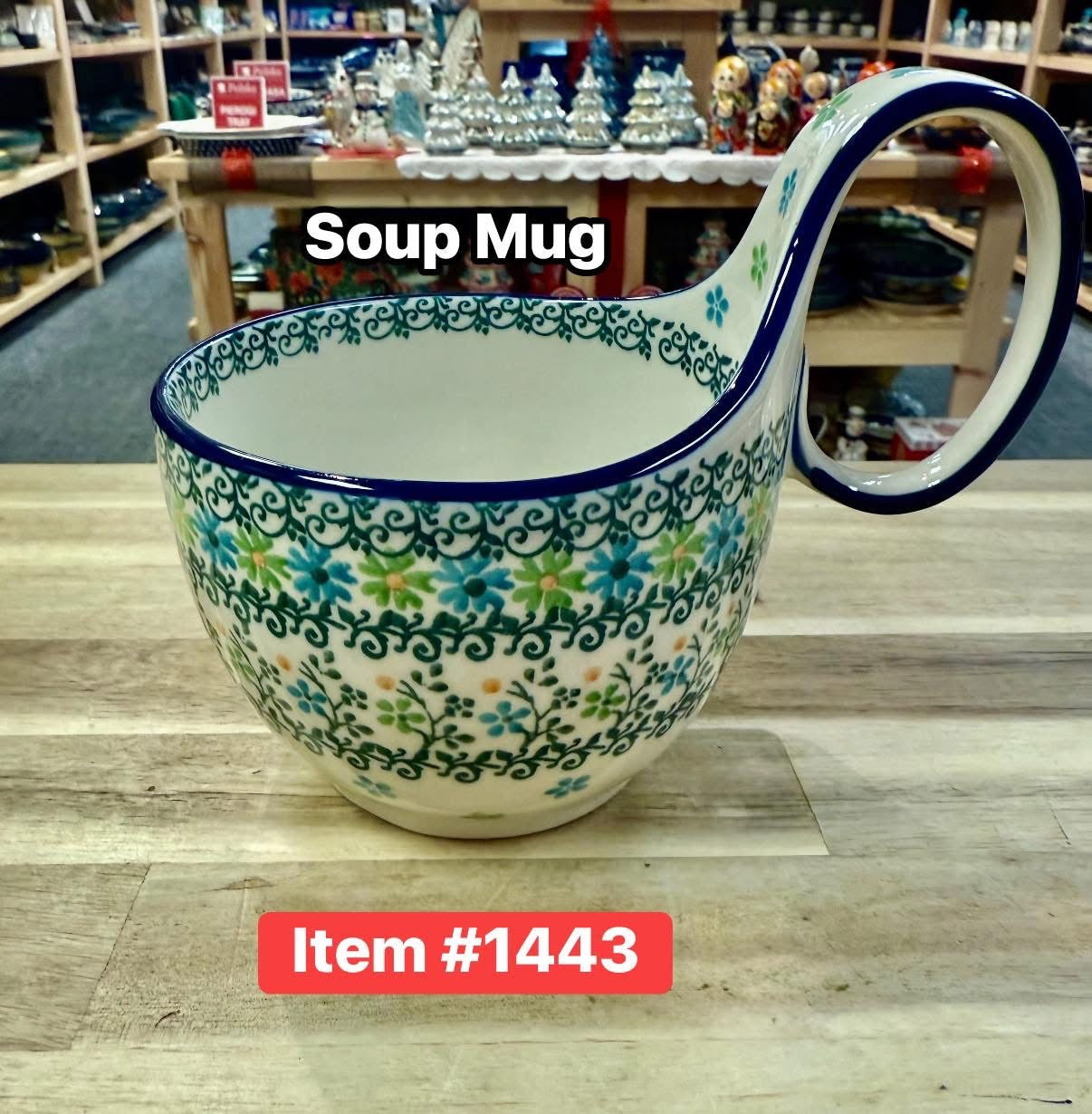 Polish Pottery Traditional Green Multi Flwr Soup Mug