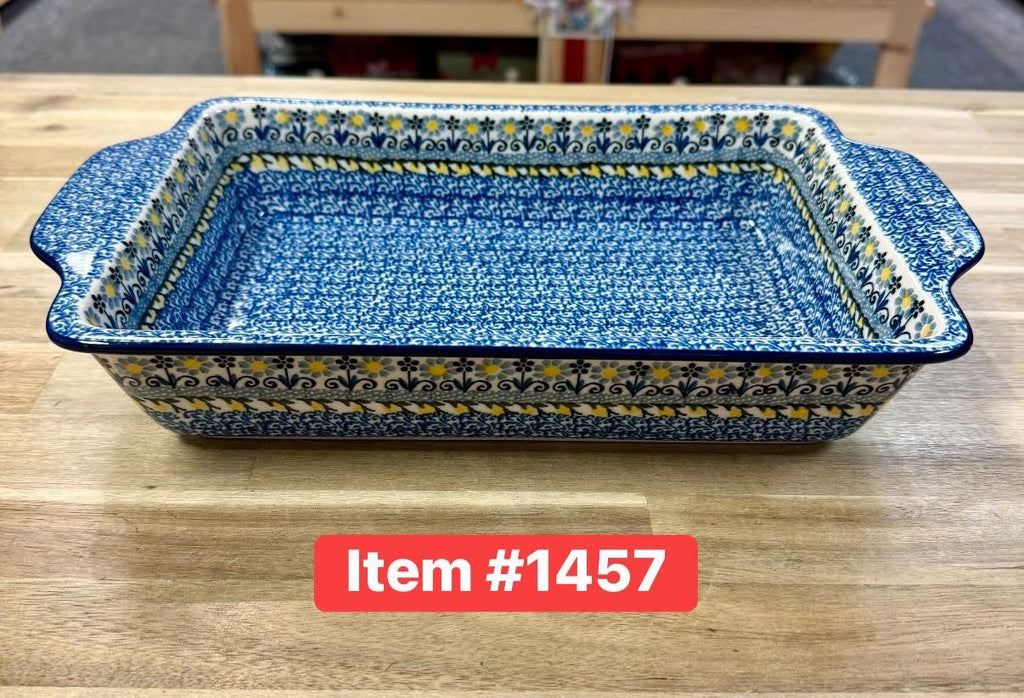 Polish Pottery Traditional( Blue/Yellow) Handled Baker