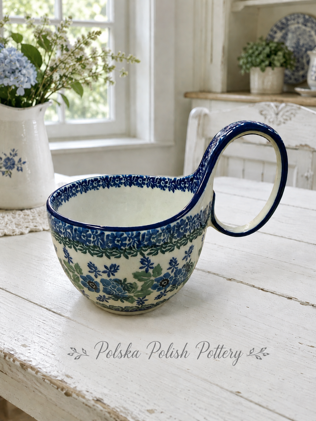 Polish Pottery Soup Mug - Traditional Blue Flowers