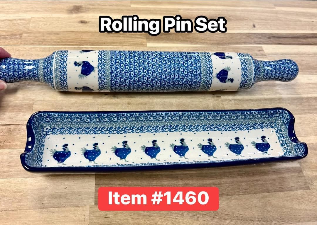 Polish Pottery Traditional(Chickens) Rolling Pin Set