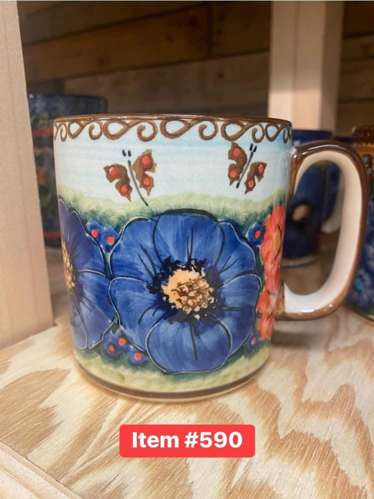 Polish Pottery Unikat Light Blue w/Poppies) Mug