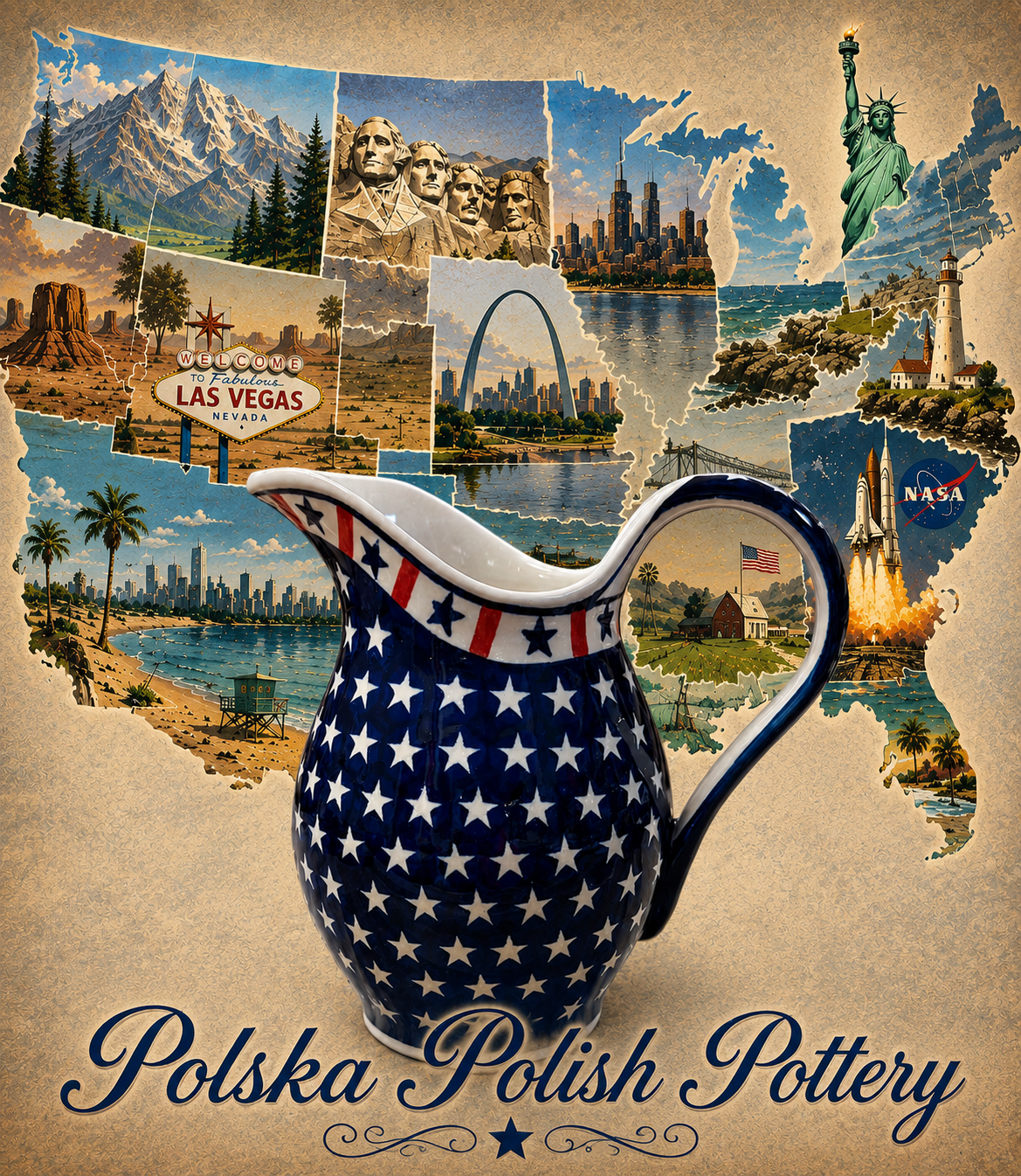 Polish Pottery Trad. Stars & Stripes Pitcher